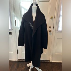 Vince black wool coat with leather arm patches